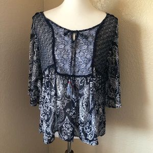 Knox Rose Boho Sheer Paisley Peasant Top Sz S